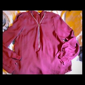 Red rayon long sleeve with zipper neckline detail